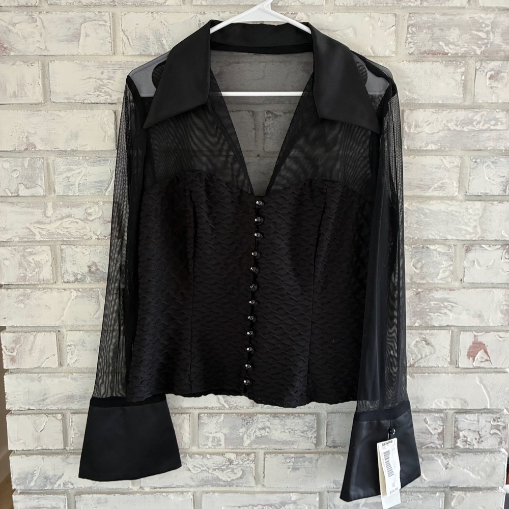 Vintage Connected Sears Black Sheer Mesh Top Rhinestone Buttons Y2K Gothic 16